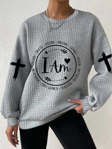 Women's Faith I Am Enough Cross Print Waffle Sweatshirt