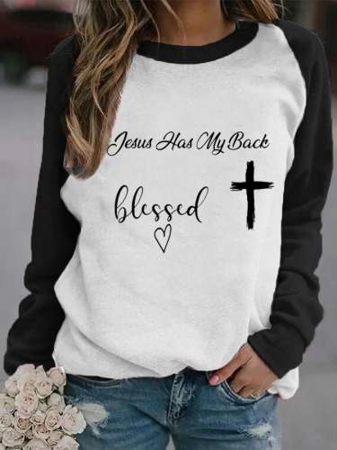 Jesus Has My Back, Blessed Heart Print Long Sleeve Casual Sweatshirt