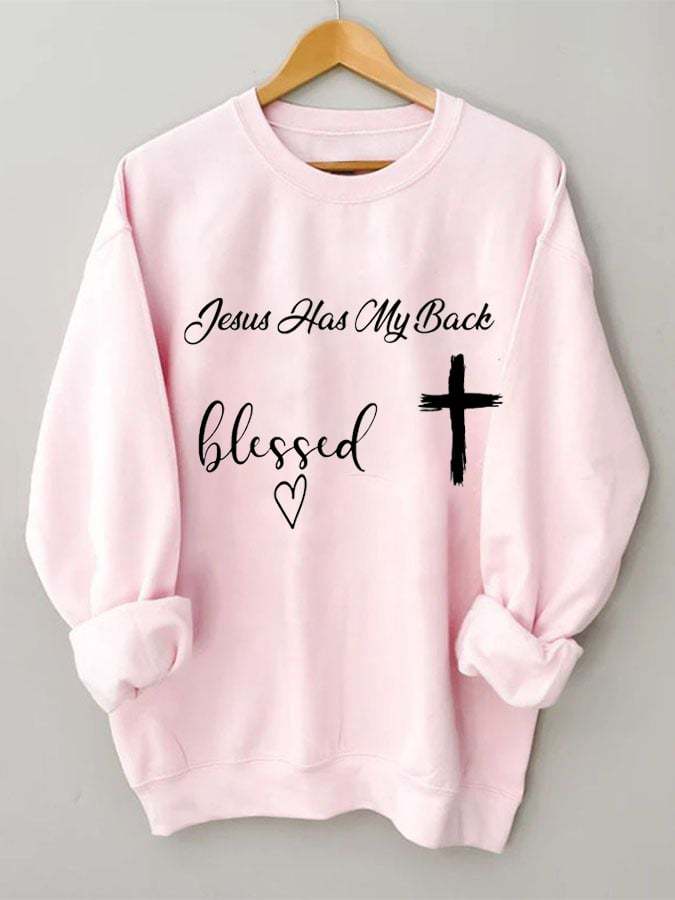 Jesus Has My Back, Blessed Heart Printed Round Neck Long Sleeve Sweatshirt