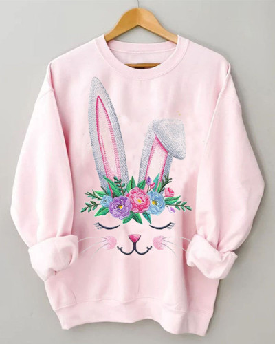 Rabbit Print Loose Pink Crewneck Sweatshirt
