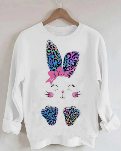 Rabbit Print Loose White Crew Neck Sweatshirt