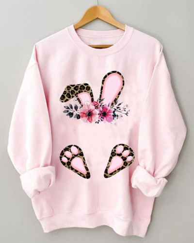 Rabbit Print Loose Pink Crewneck Sweatshirt