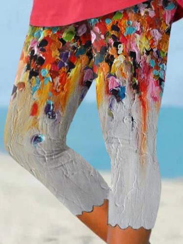 Floral Oil Painting Wavy Edge Print Leggings