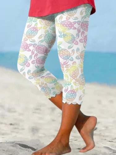 Retro Vacation Colorful Sea Turtle Wavy Edge Print Leggings