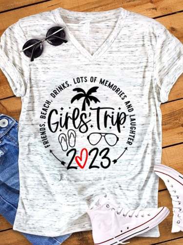Women's Beach Vibes Girl's Trip Palm Coconut Tree Print Snowflake Dot V-Neck T-Shirt