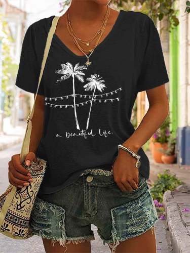 Women's A Beautiful Life Palm Trees V-Neck Tee