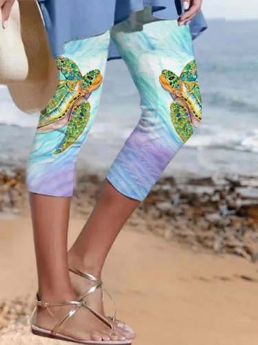 Women's Cute Watercolor Sea Turtle Print Cropped Leggings