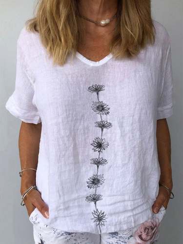 Women's Daisy Print Cotton Linen V-Neck Top