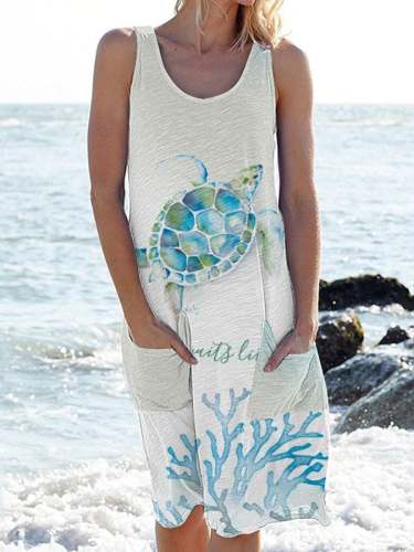Women's Cute Watercolor Sea Turtle Print Pockst Dress