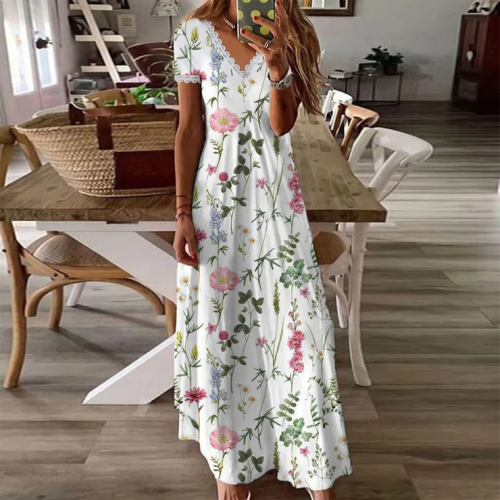 Garden Print V-Neck White Maxi Summer Dress