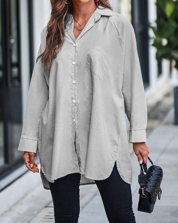 Solid Color Long Sleeve Button Down Shirt Top