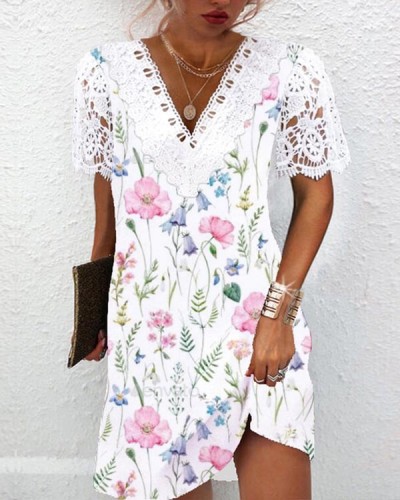 Casual Lace V-Neck Floral Dress