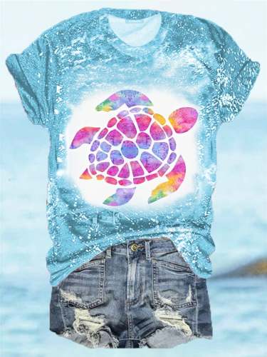Women's Water Color Sea Turtle Bleach Print Tee