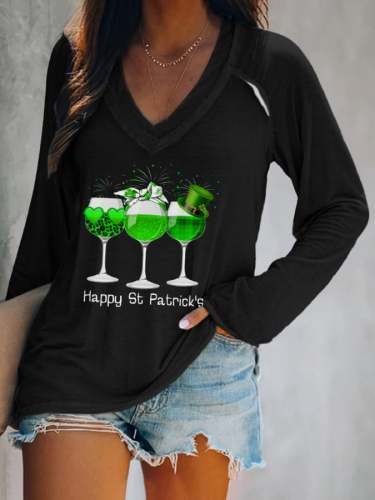 Women's Three Wine Glass St Patrick's Day Shamrock Print Casual T-Shirt