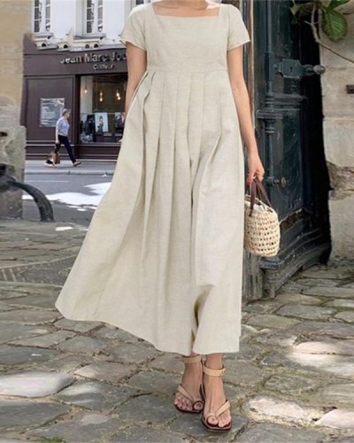Linen Long Dress Short Sleeve Square Neck Dress