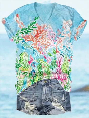 Women's Water Color Tropical Floral Print V-neck T-shirt