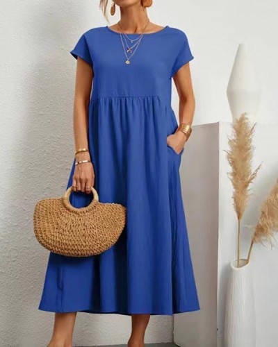 Solid Sleeveless Loose Linen Pocket Dress