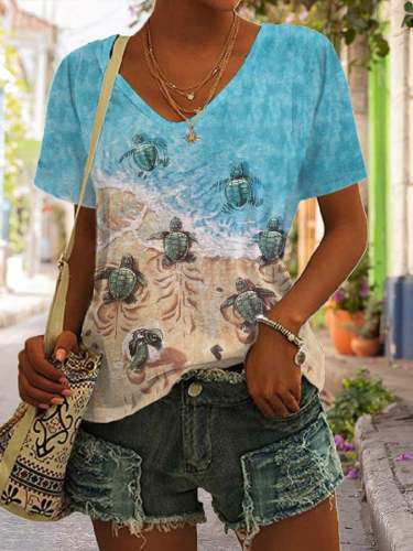 Women's Turtle Print Short Sleeve Casual T-Shirt