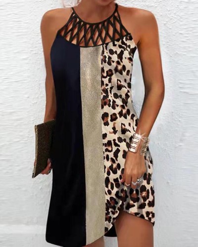 Casual Sexy Sling Hollow Sleeveless Mini Leopard Print Dress