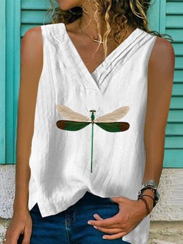 Women's Cotton Linen Fashion Casual V-neck Dragonfly Print Vest
