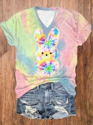 Women's Easter Colorful Tie-dye Bunny Print T-Shirt