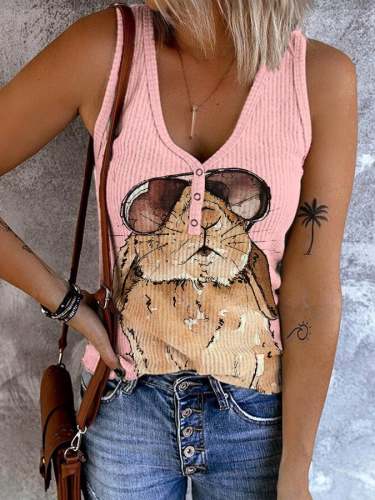 Women's Cute Pink Bunny Print Button V Neck Vest
