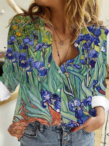 Women‘s Van Gogh Oil Painting Irises Print Shirt