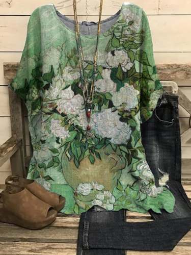Women's Cotton Linen Roses by Vincent van Gogh Print Loose Casual T-Shirt