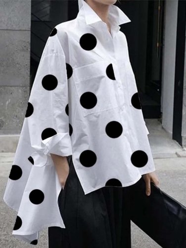 Fashion Buttoned High-Low Polka-Dot Split-Side Lapel Long Sleeves Blouse
