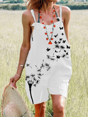 Women's Butterfly Flower Printed Casual Suspender Shorts