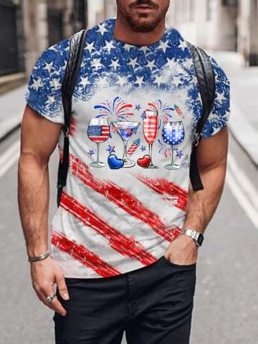 Men's Independence Day Wine Glass Flag Print T-Shirt