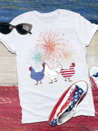 Women's Chicken Fireworks Independence Day Print Casual T-Shirt