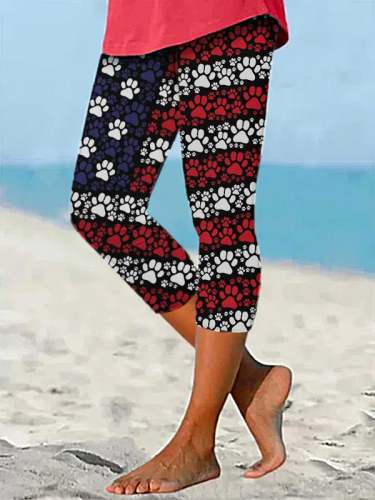 Women's Independence Day American Flag Dog Paw Printing Cropped Leggings