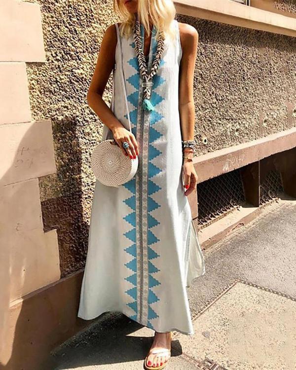 Casual Sexy Sleeveless Cotton National Style Printing Maxi Dresses