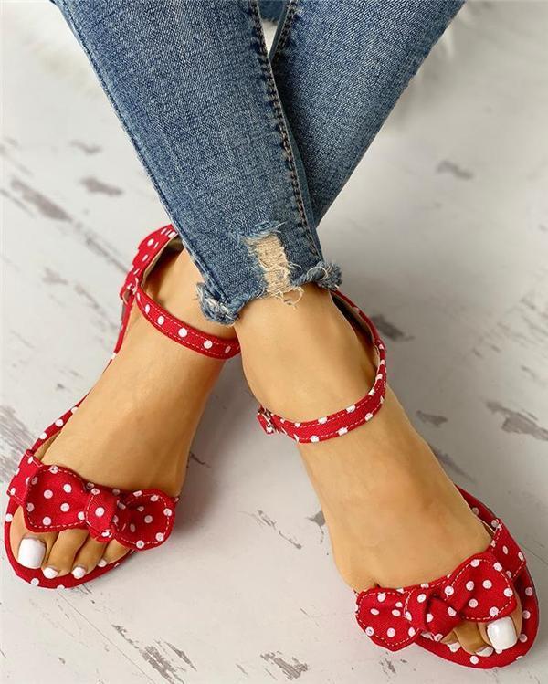 Dot Bowknot Design Open Toe Flat Sandals