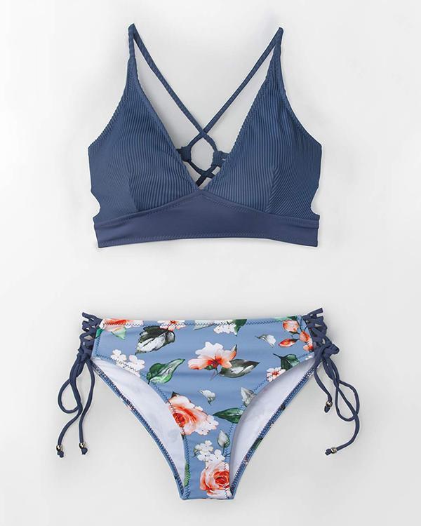 Blue And Floral Lace-Up Bikini Set