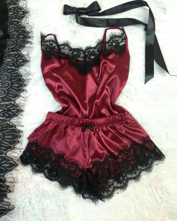 Eyelash Lace Insert Satin Pajama Set