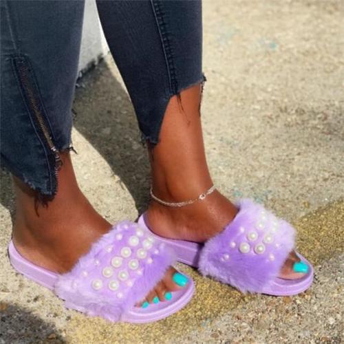 Women Summer Fur Whith Pearl Slippers