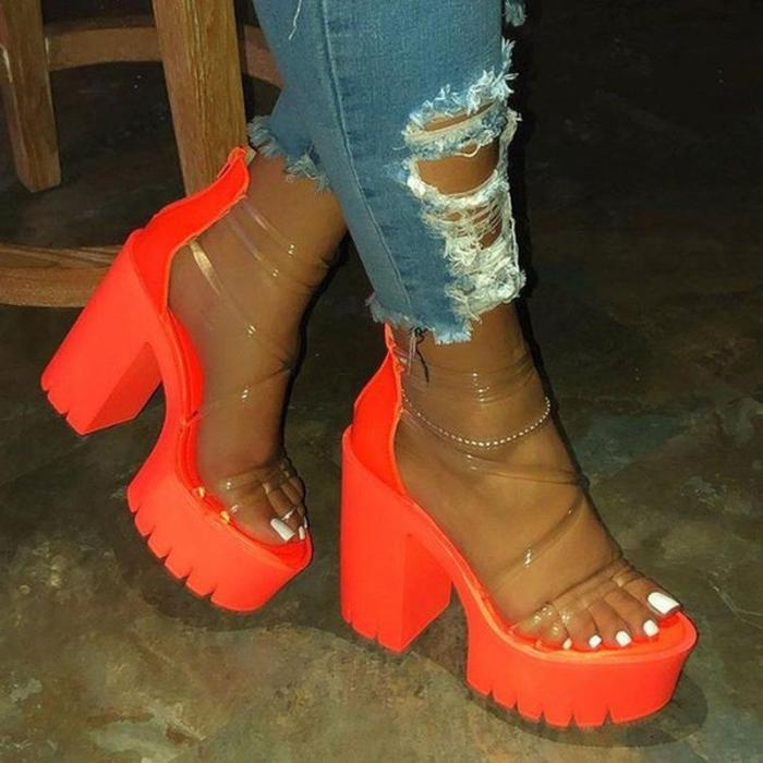 Strappy Chunky Heel Open Toe Zipper See-Through Sandals