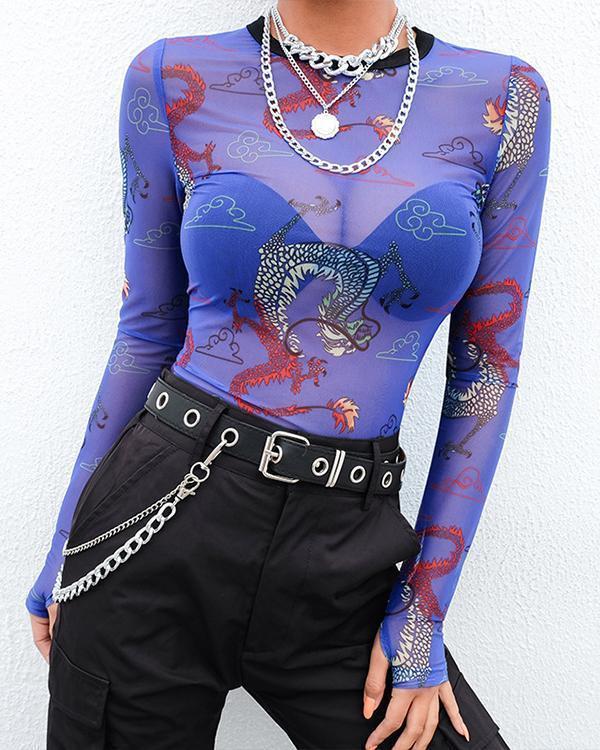 Sexy Printed Slim See-Through Mesh Gown Blouse
