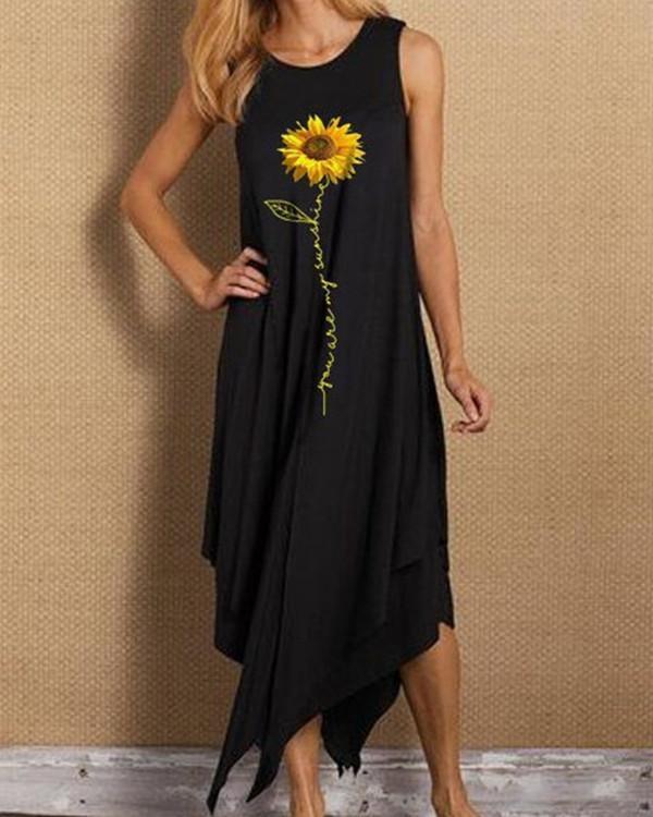Sleeveless Sunflower Print Irregular Hem Holiday Midi Dress