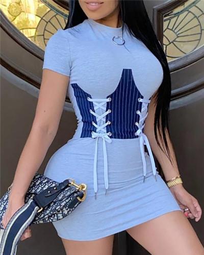 Striped Colorblock Eyelet Lace-up Bodycon Dress