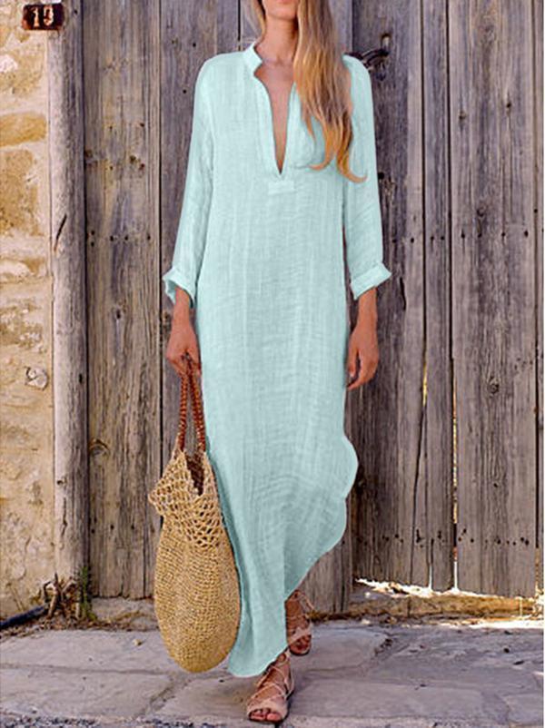 Women Shift Beach Holiday Linen Cotton Long Sleeve Plus Size Dress