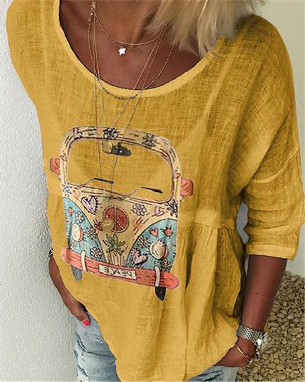 Printed Women Casual Crew Neck Holiday Tops
