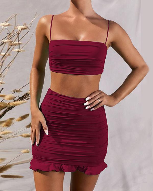 Sexy Solid Spaghetti Strap Tube Top&Hip Skirt Sets