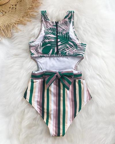 Printed Tied Bowknot Hollow Beach One-piece Swimsuit