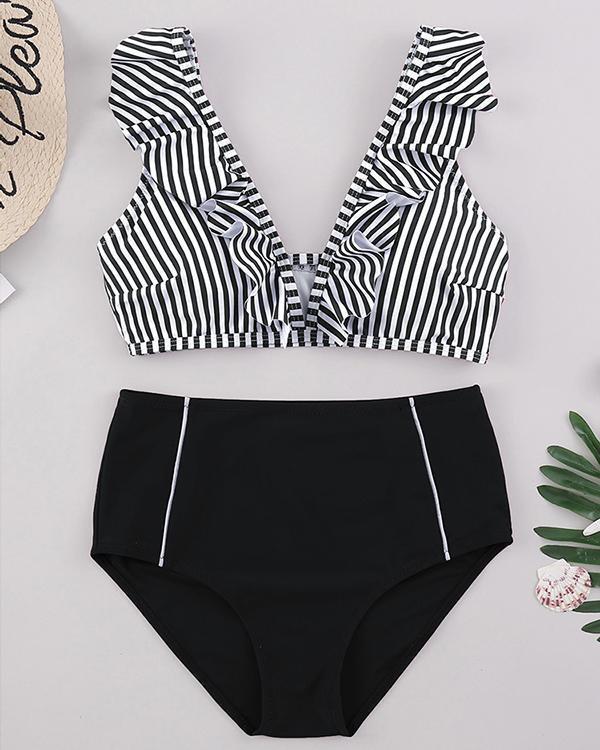 Stripe And High Waist Bikini Set
