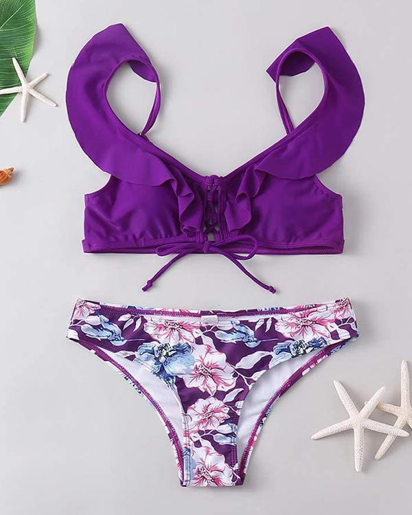 Purple Ruffles and Floral Print Bikini Set