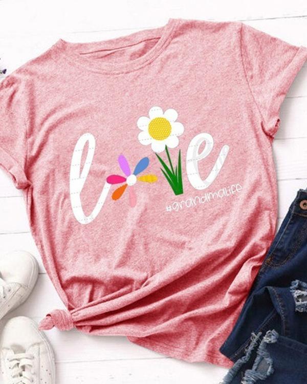 Women Love Flower Casual T-shirt Tee