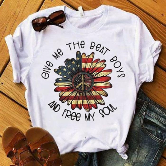 Sunflower American Flag Printed Short-sleeved T-shirt